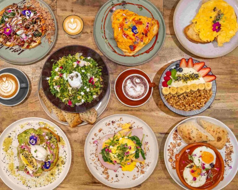A variety of beautifully presented brunch dishes.