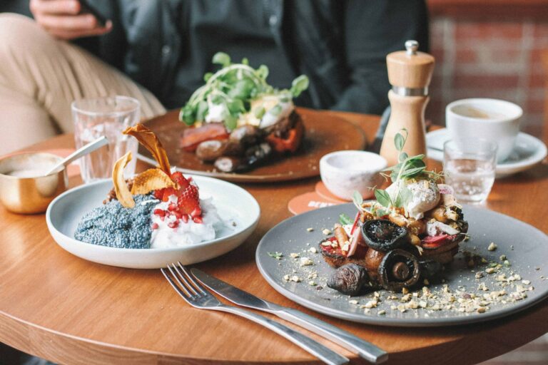 Gourmet brunch dishes with fresh ingredients.